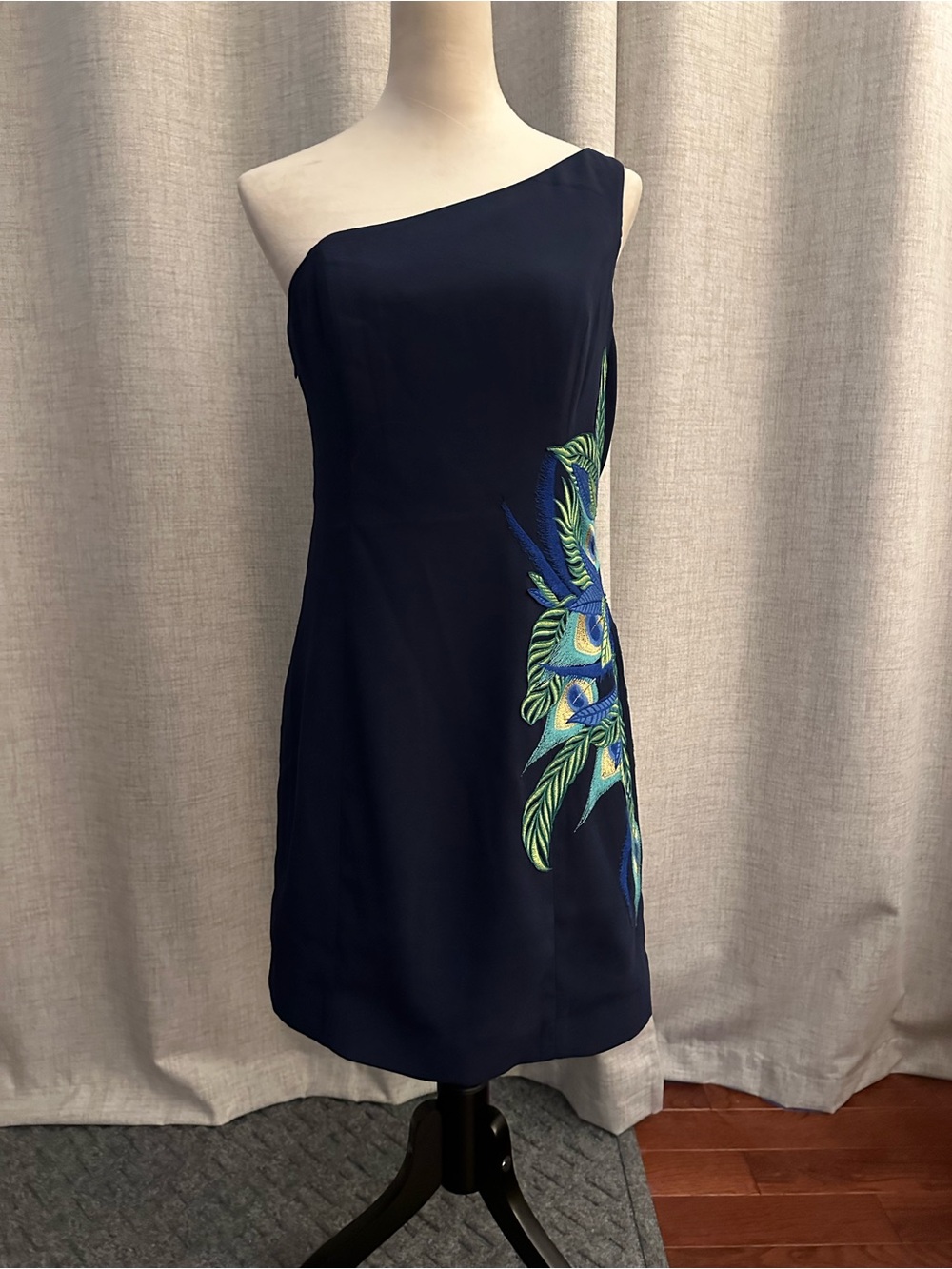 Lilly Pulitzer Navy One-Shoulder Dress with Green & Blue Embroidery